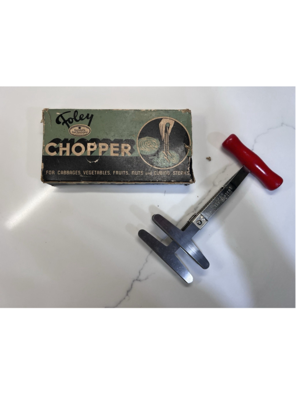 Vintage Foley 3-Blade Spring Loaded Food Chopper Red Wood Handle W/Box USA